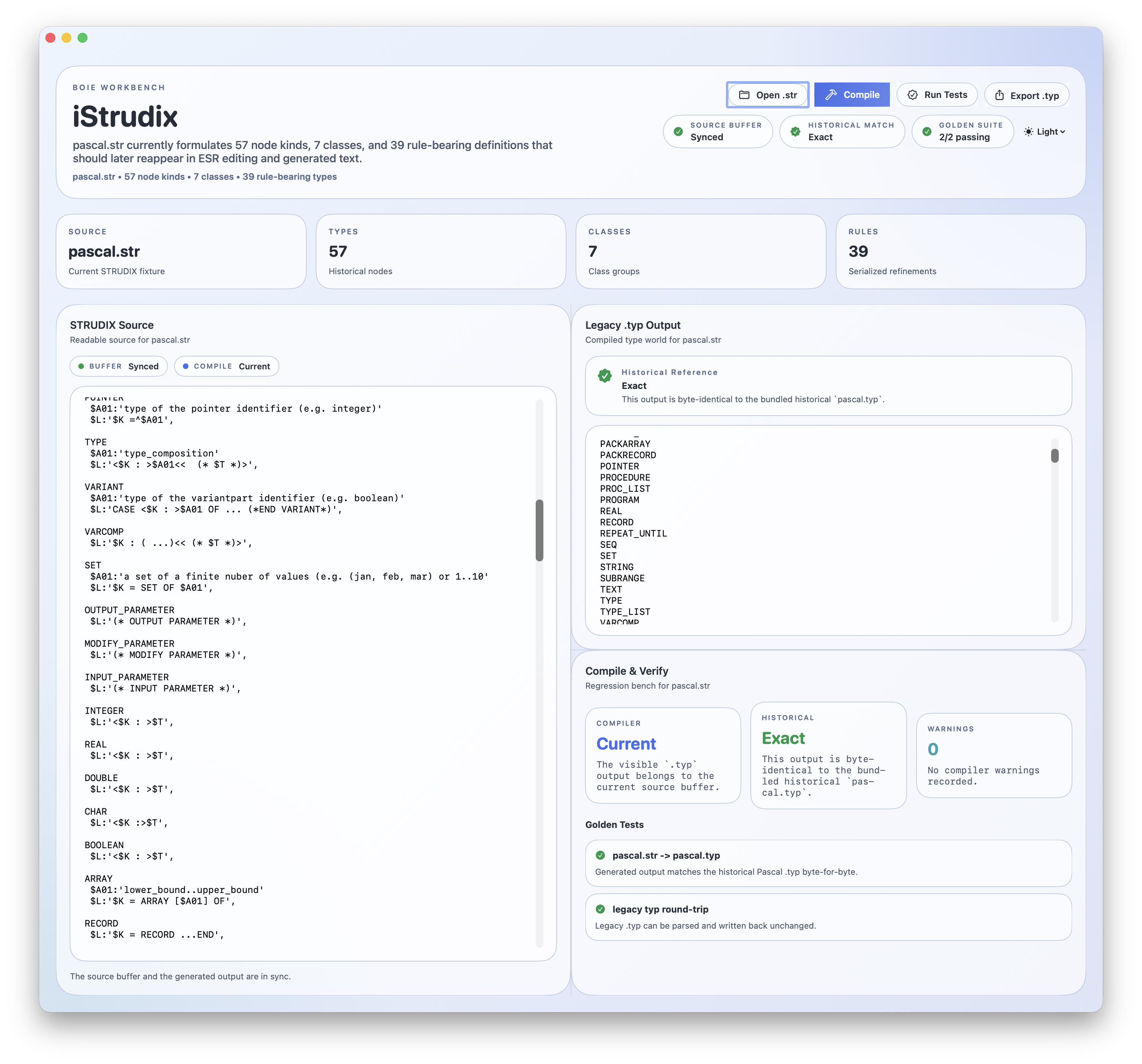 iStrudix light interface showing a .str definition and generated .typ output