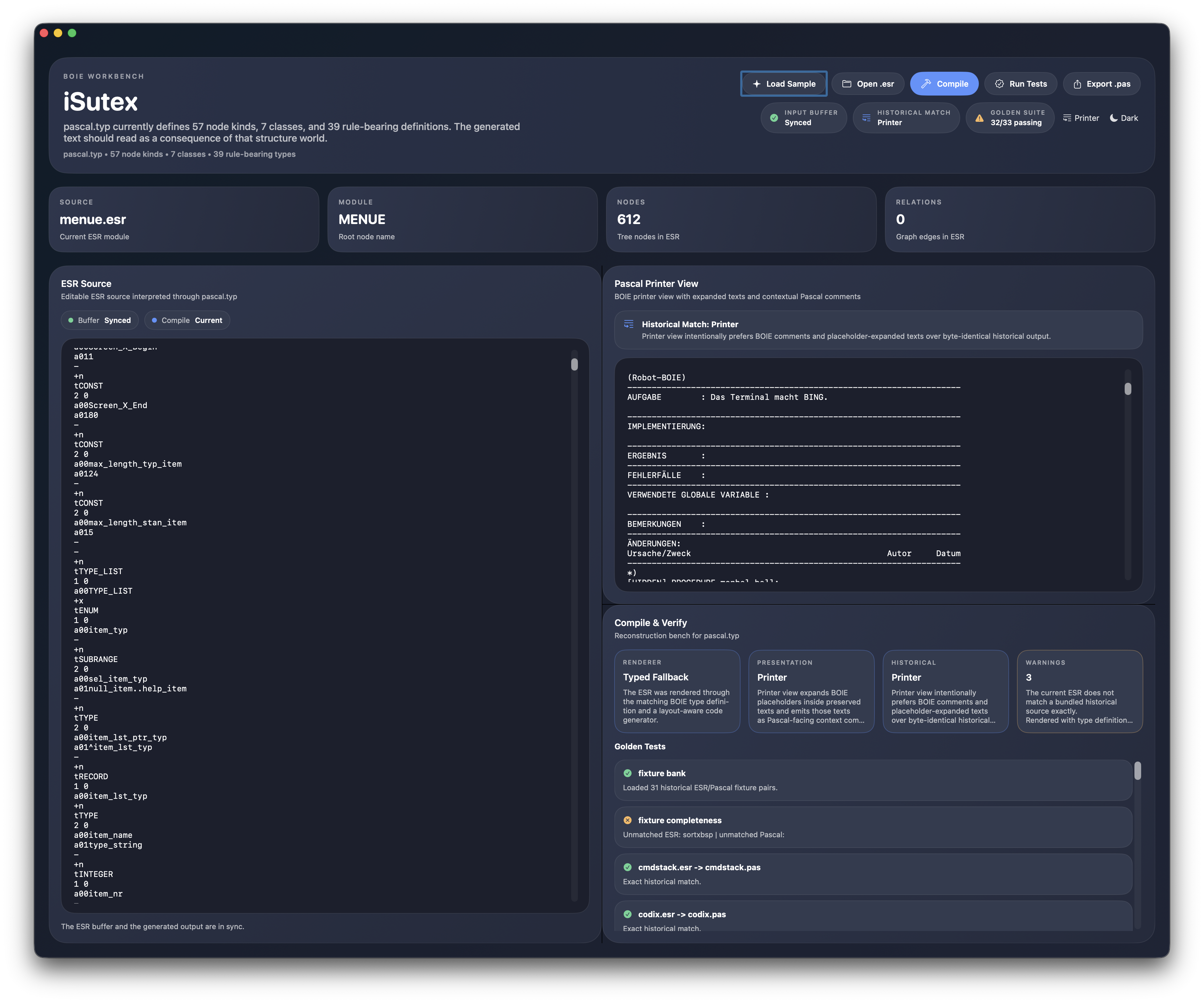 iSutex dark mode showing BOIE printer output with comments and test status