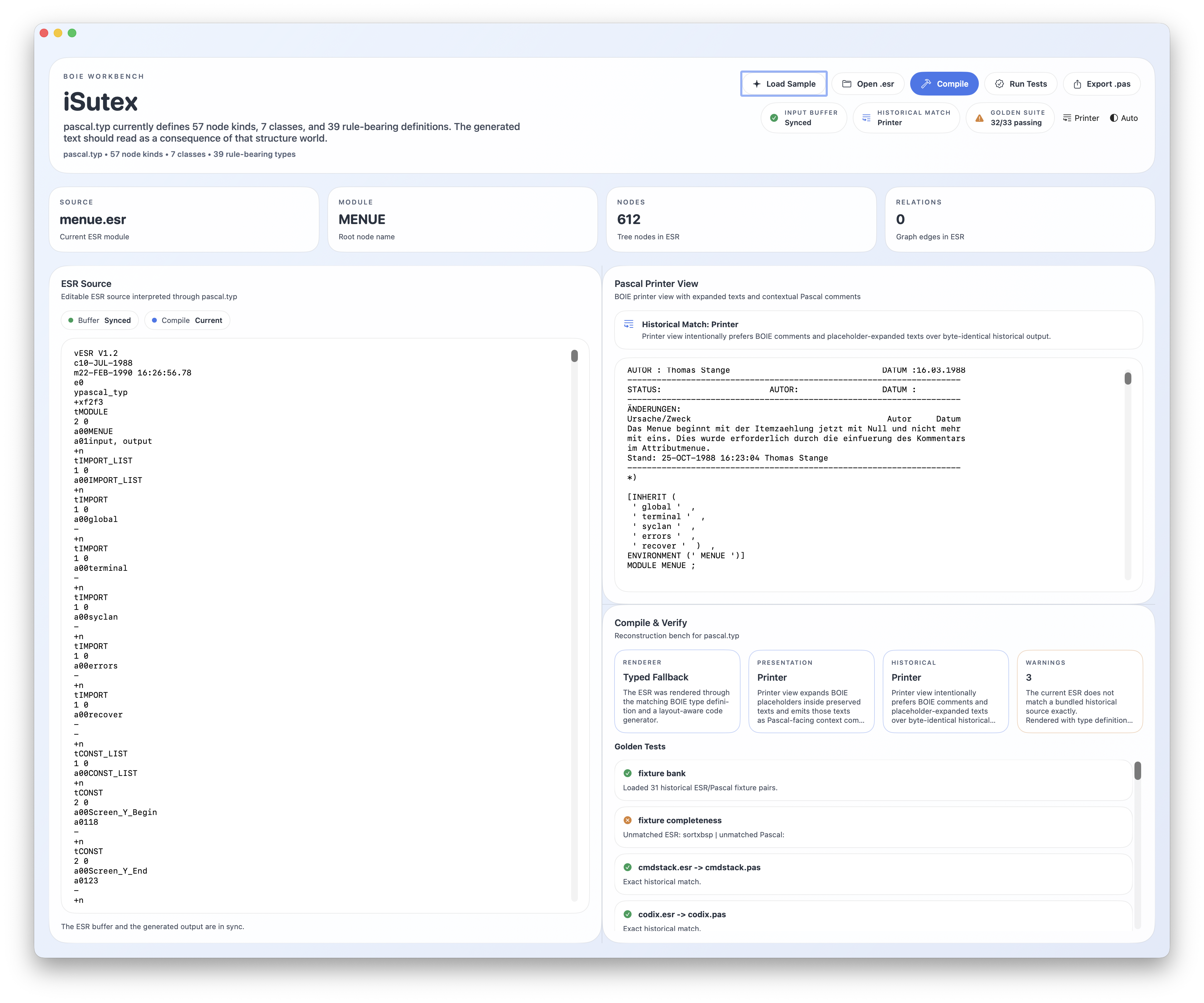 iSutex light mode with ESR source on the left and Pascal printer view on the right