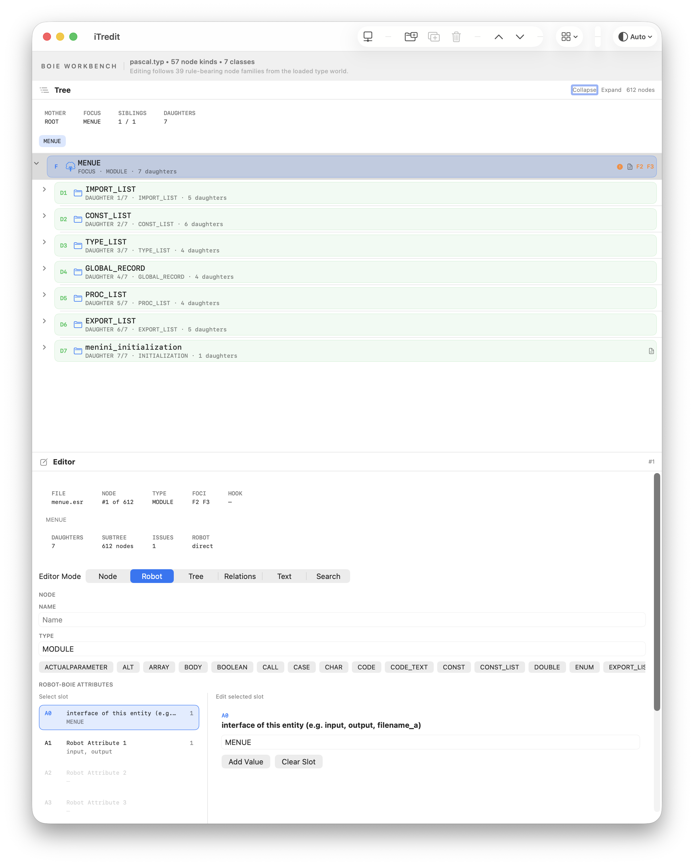 iTredit light mode with ESR tree overview and node editor